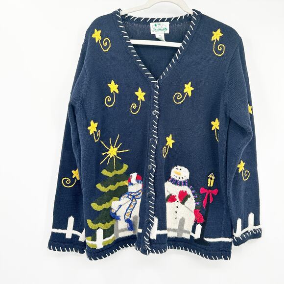 Quacker Factory Womens VTG Vintage Snowman Ugly Christmas‎ Cardigan Sweater M - Picture 1 of 7
